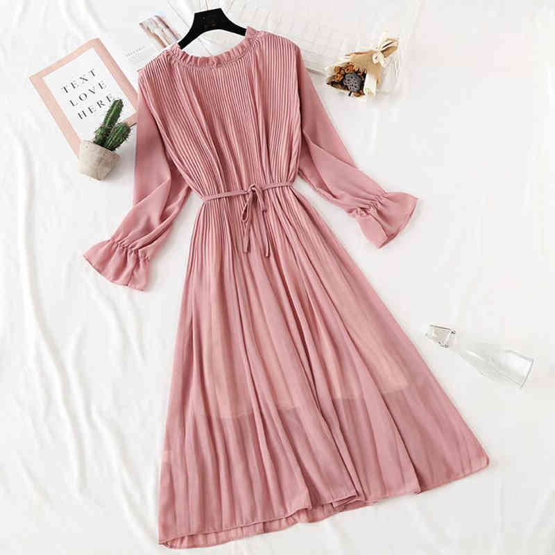 Women Autumn Chiffon Dress Long Sleeve Vintage Solid Lotus Leaf Neck Pleated Dress Long Robe Women Casual Dresses 210521