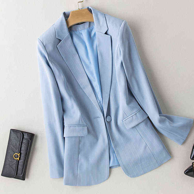 Fashion Striped Printed Blazer Women Spring Casual Long Sleeve Coat Korean Style Single Button Feminino Blue 211122