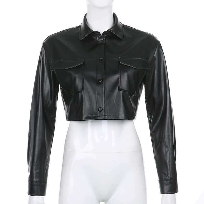 Waatfaak Faux Leather Cropped Jacket Women Punk Pocket Patchwork PU Leather Coat Black Button Y2K Jacket Harajuku Long Sleeve 210908