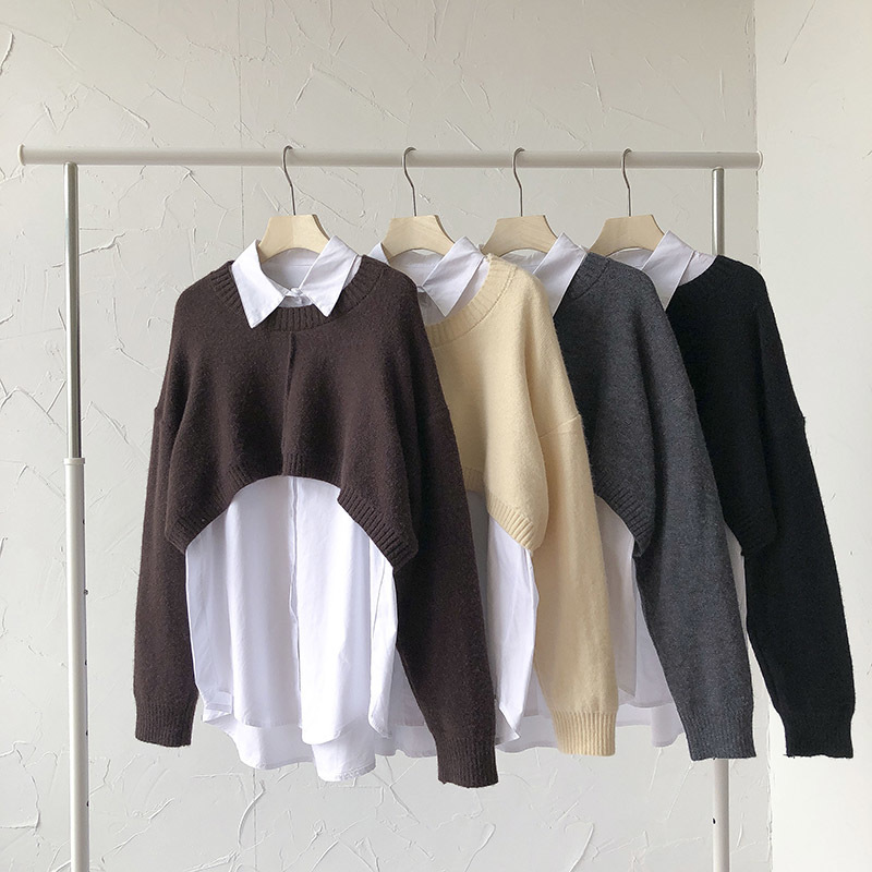 Nomikuma Spring New Women 2pieces Suits Long Sleeve Causal Solid Blouse + Super Short Knitted Pullovers Korean Sets 6E094 210427