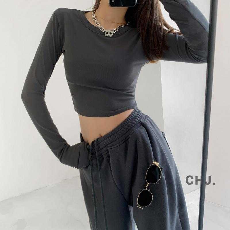 Yedinas Korean Style Slim T-shirt Women Solid Long Sleeve Crop Top Harajuku Japanese White T Shirts Cotton Basic Tee Streetwear 210527