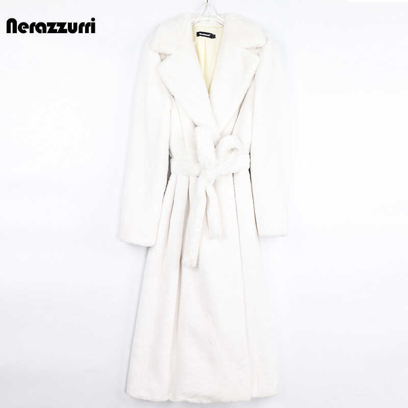 Nerazzurri Winter Long White Black Warm Fluffy Faux Fur Coat Women Long Sleeve Belt Lapel Stylish Korean Fashion without Buttons 210910