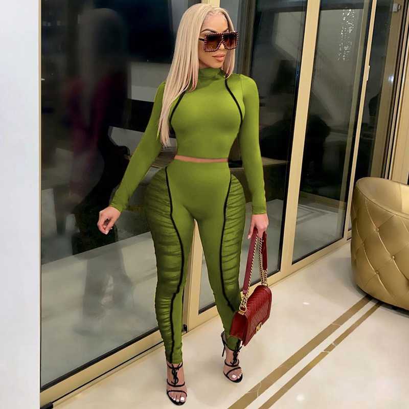 Elegant Sexy Two Piece Set Women Long Sleeve Crop Top and Bodycon Pants Set Party Club Outfits for Women 2 Piece Tracksuit Set Y0625