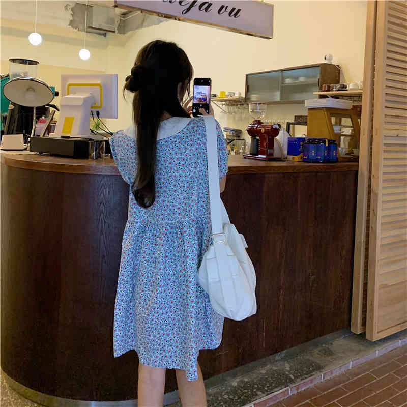 Summer Women Vintage Loose High Waist Dress Elegant Flower Print Doll Collar Sweet Casual Mini 210519