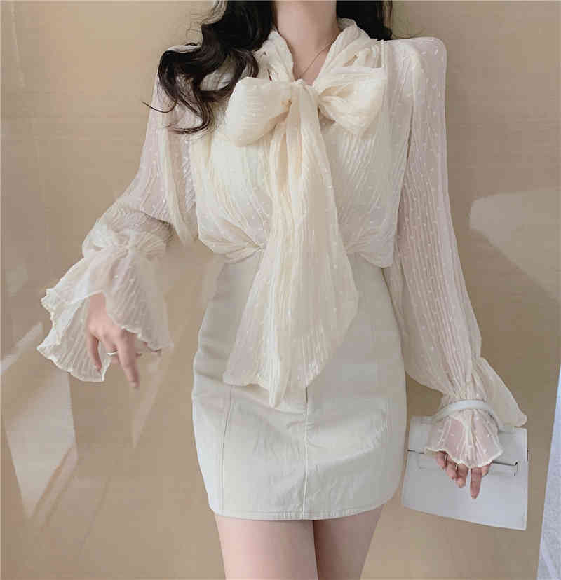 Harajuku Shirt Korean-Style Long-Sleeved Translucent Bow Stand Collar Polka Dot Chiffon Lace Top Women Blouse 988G 210420