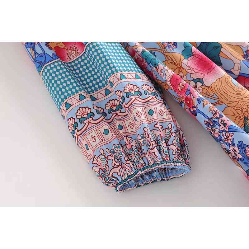Autumn Bohemian Lace up V neck Location Floral Print Maxi Long Dress BOHO Hippie Woman Bandage Sleeve Dresses Vestido 210429