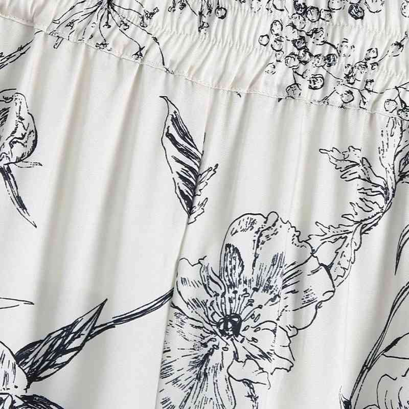 Spring Women Flower Printing Edge Piping Straight Pants Casual Lady Elastic Waist Loose Trousers P1982 210430