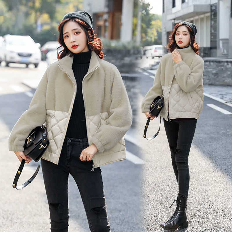 Women Loose Lightweight Short Parkas Jackets Lady Winter Patchwork Lambswool Jacket Female Cotton Padded Warm Faux Plush Outwear 210526