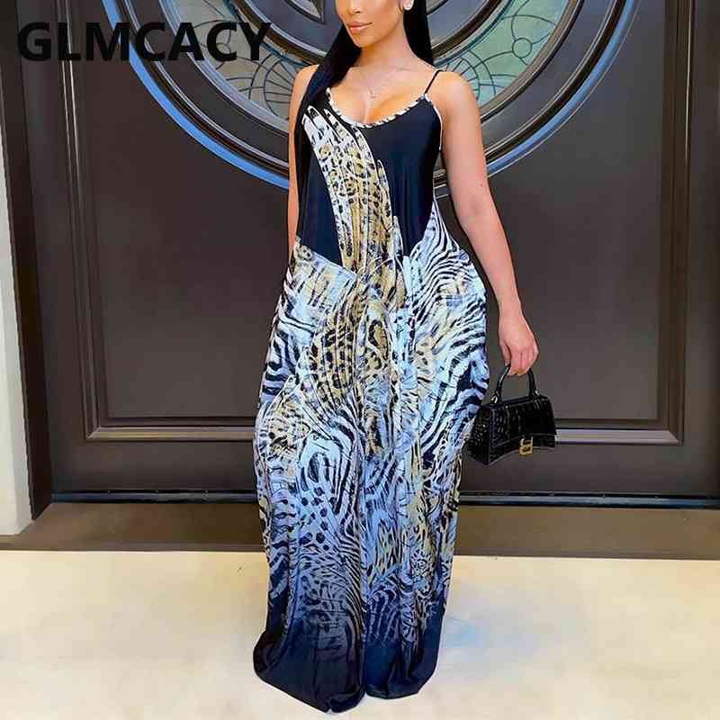 Spaghetti Strap Leopard Casual Maxi Dress 210702