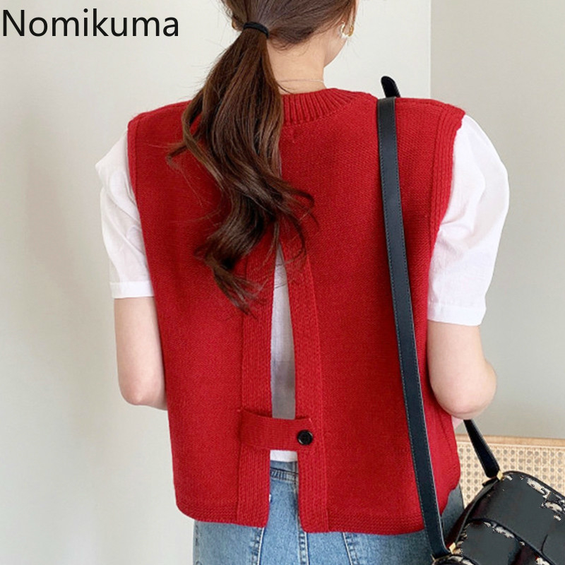 Nomikuma Korean Sleeveless O-neck Sweater Vest Causal Back Split Knitted Pullover Spring New Solid Knitwear Top Vests 6E214 210427
