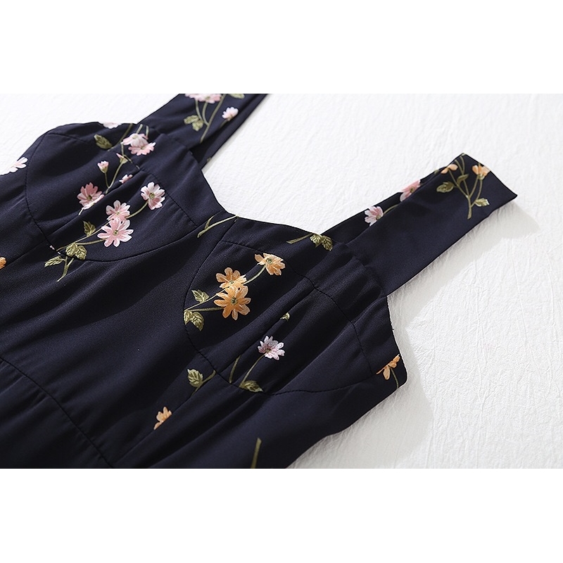 Vintage France Style Navy Floral Print Strap Ruffles Hem Midi Dress Retro Sexy Women Slit Elastic Slim Sling Tea 210429