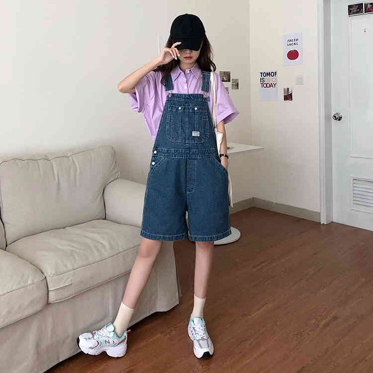 SML Summer korean preppy style Jumpsuit Denim Overalls Casual Girls blue Jeans Shorts womens (78500) 210423
