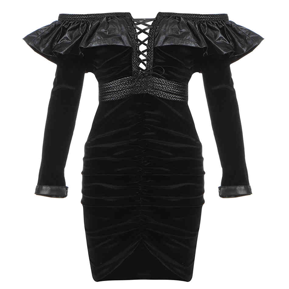 Free Autumn Women's Velvet Dress Sexy Strapless Long Sleeve Ruffled V-neck Bodycon Mini Club Party 210524