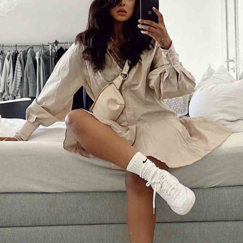 Elegant Woman Beige Loose Cotton Shirt Dress Spring Casual Ladies Oversized Lantern Sleeve es Female Chic Soft 210515