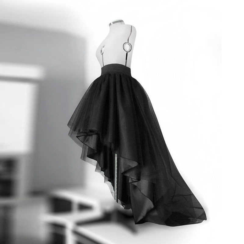 High Low Black Tulle Skirt Asymmetrial Hem Tutu Layered Wedding Bridal Gown High Waist Pleated Prom Skirt Gala Stylish Saia 210306