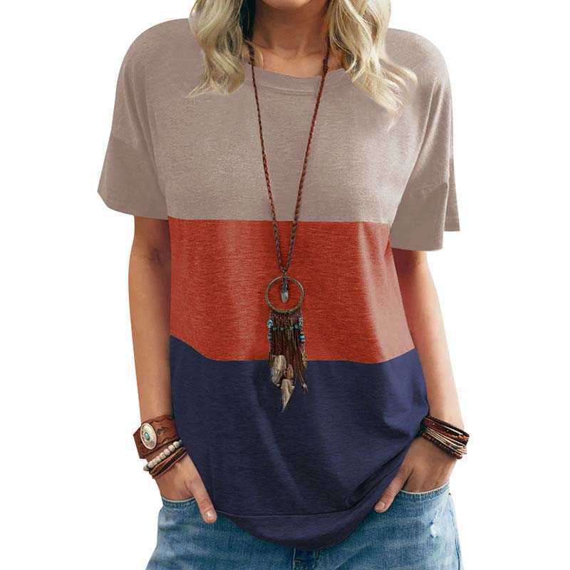 Summer Contrast Color Wide Stripe O-neck Short Sleeved Loose Women T Shirt Casual Style Daily Life Ladies T-shirt 210608, Khaki
Summer Contrast Color Wide Stripe O-neck Short Sleeved Loose Women T Shirt Casual Style Daily Life Ladies T-shirt 210608, Khaki