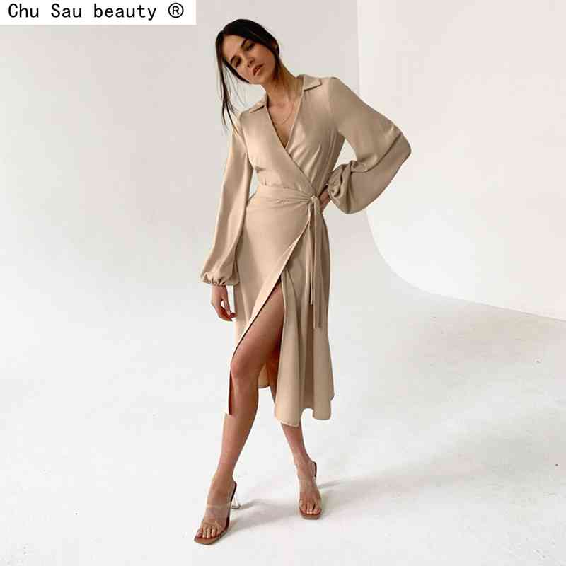 Spring vintage Office Ladies Solid Long Sleeve Women Midi Dress Lightly Matured V-neck Lantern Sexy Split 210514