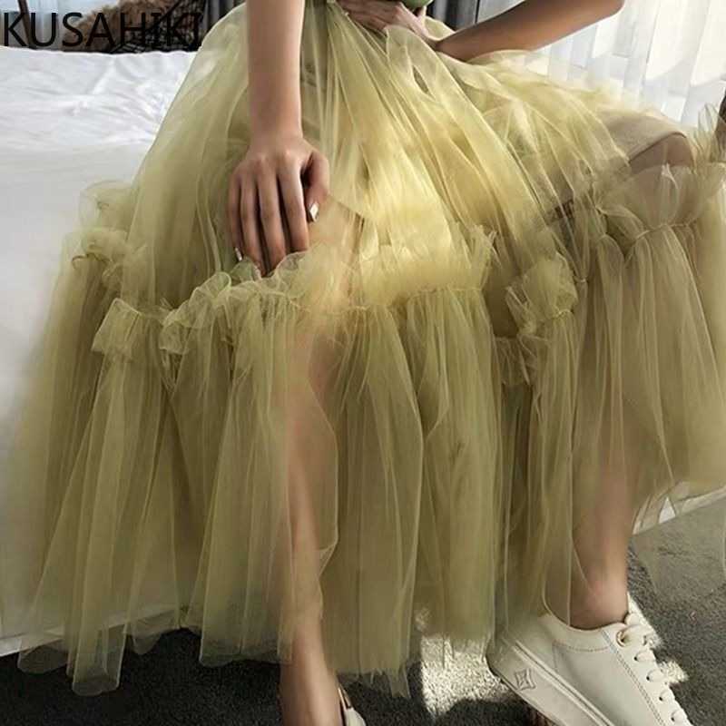 Mesh Skirts Womens Spring Korean High Waist Skirt Causal A-line Ankle-length Faldas Mujer Moda 6F633 210603