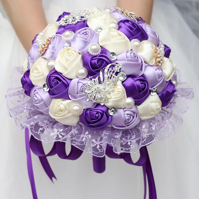 Large Purple Bridal Wedding Bouquet Pearl Bridesmaid Artificial Flowers Buque De Noiva Diamond Bouquets Marriage Gift W280 Decorative & Wrea