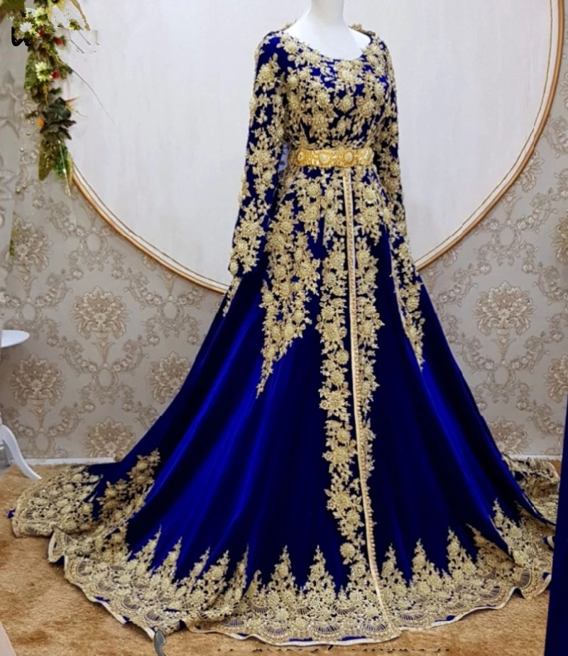 Blue Royal Caftan Marocain De Soire Evening Dresses Long Sleeve Applique A E Plus Size Prom Dress With Cape Vestidos Formale