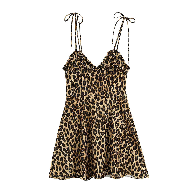 Women Vintage Chic Leopard Print Mini Dress Fashion Sexy V Neck Side Zipper Straps Dresses Vestidos Mujer 210409