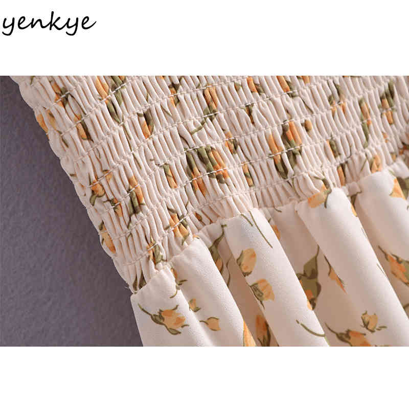 YENKYE Vintage Floral Print Chiffon Dress Women Elegant Square Neck Sexy Slits Vestido Female Summer Holiday Party Dresses 210515