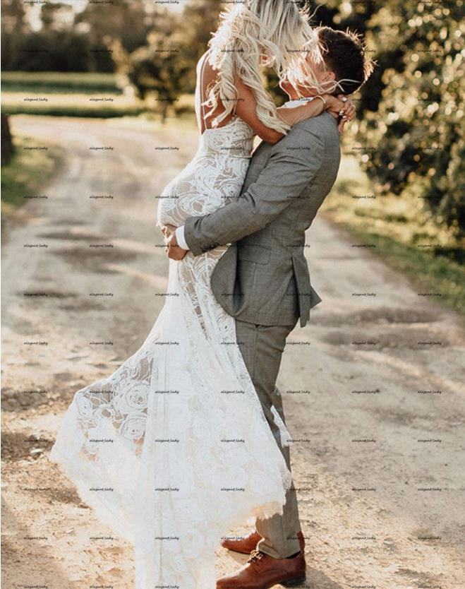 Sexy Boho Mermaid Wedding Dresses Chic Rose Flower Lace Spaghetti Straps Open Back Bohemia country Bridal Gowns robe de mariée