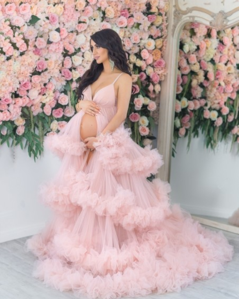 Sexy Pink Maternity Gown Tulle Floor Length Dresses V Neck Train Photo Shoot Pregant Women Party Prom Gowns