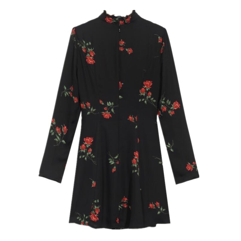 Vintage France Style Rose Print Hollow Out Women Dress Black Long sleeve Lacing up Collar Slim Girl's Mini Dresses 210429