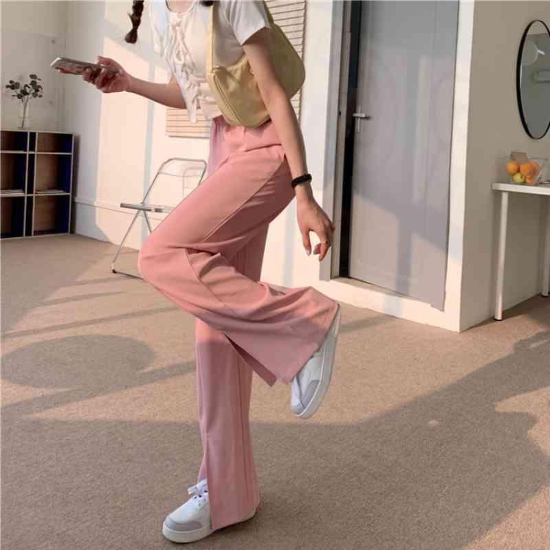 Pants & Capris Korean Solid White Waist Elastic Casual Loose Black Straight Split Wide Leg Pant Mopping Mujer Pantalones Pink 210429