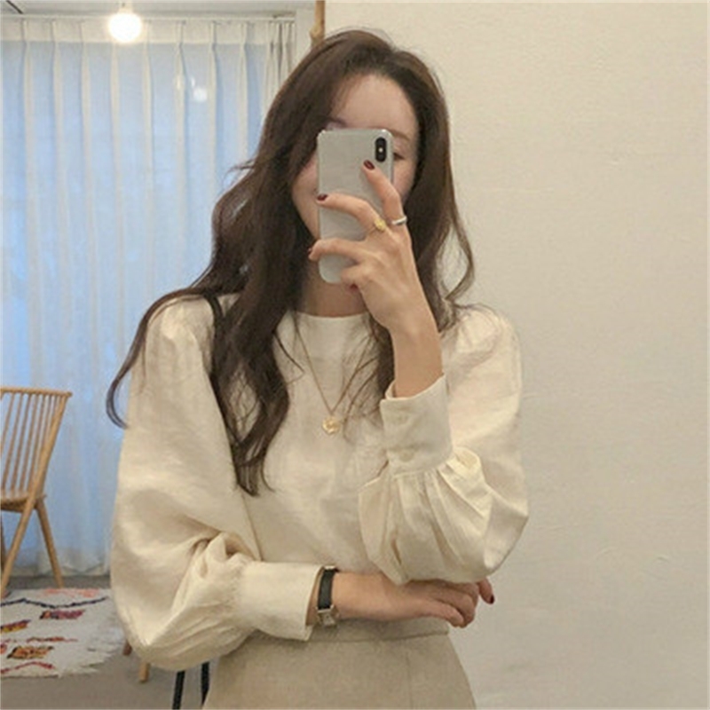 Nomikuma Causal Solid O-neck Women Pullover Blouse Korean Puff Long Sleeve Shirt Spring New Elegant Blusas Mujer 6E053 210427