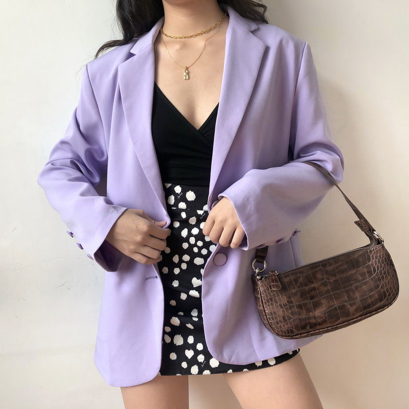 Wonder Spring Basic jacket Loose blazer Casual Chic Single Breasted Vintage Pocket Purple coat Outwears 210510