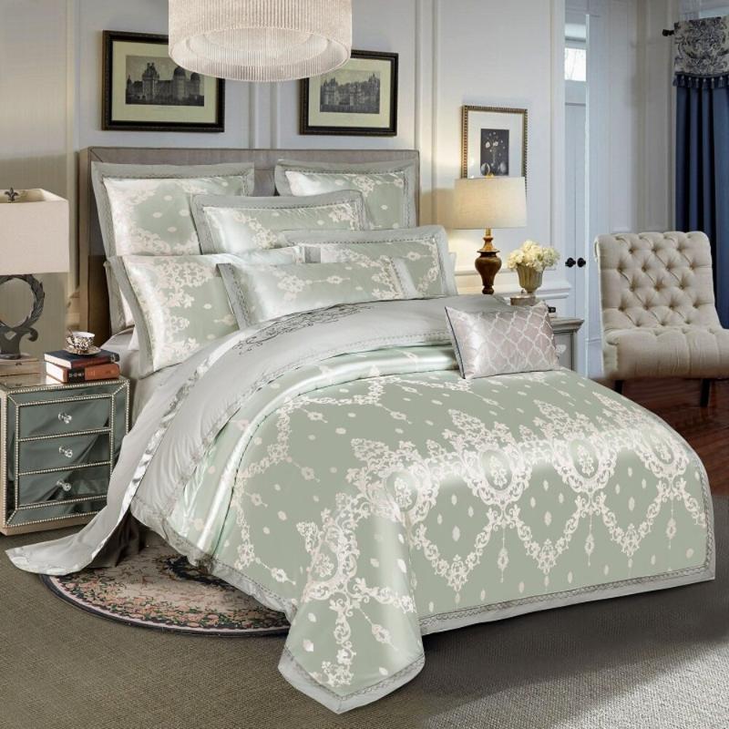 Luxury Silk Cotton Jacquard 4pcs Bedding 100%cotton Embroidered Duvet Cover Bed Sheet Pillowcase Drop Silver Gray Sets