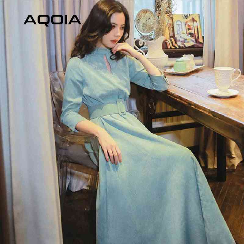 Spring Elegant Hollow Out Women Long Dress Vintage Solid Color A-Line Three Quarter Sleeve Sashes O Neck Ladies Dresses 210521
Spring Elegant Hollow Out Women Long Dress Vintage Solid Color A-Line Three Quarter Sleeve Sashes O Neck Ladies Dresses 210521
