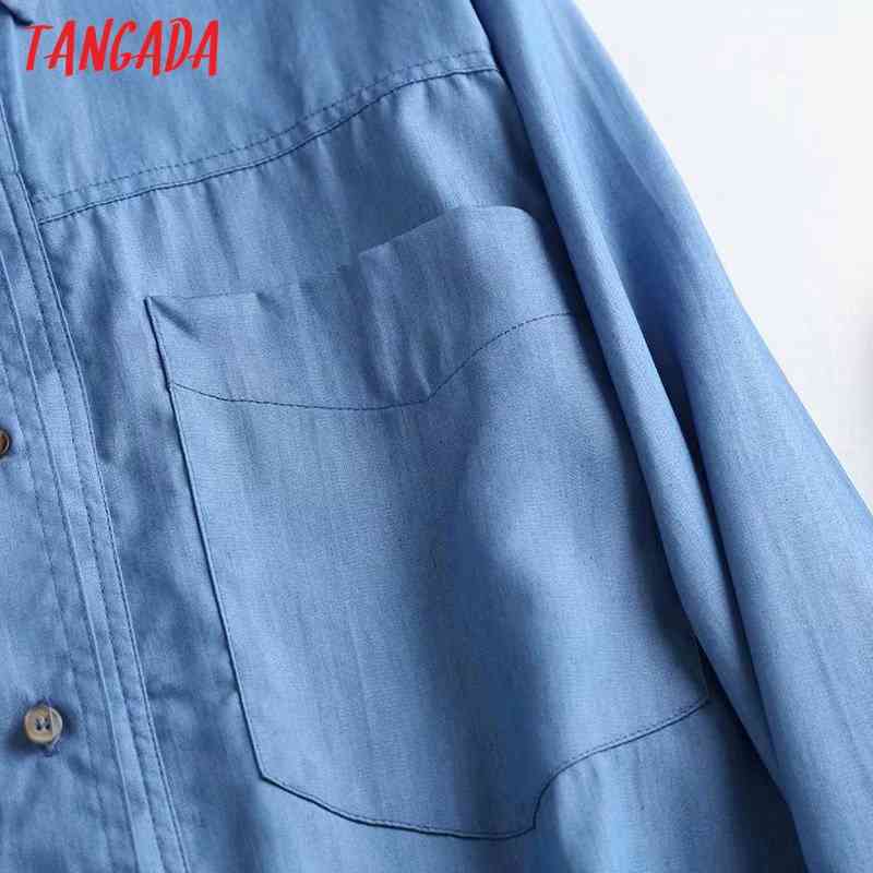 Women Elegant Blue Thin Denim Long Sleeve Chic Female Casual Loose Shirt Tops 4C68 210416