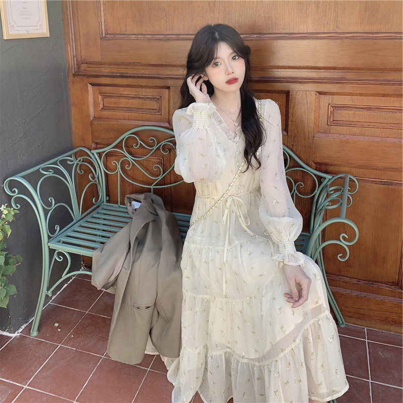 Spring Women's Chiffon Print V-Neck Long Dresses Female Chic High Waist Casual Holiday Vestidos femme 210519