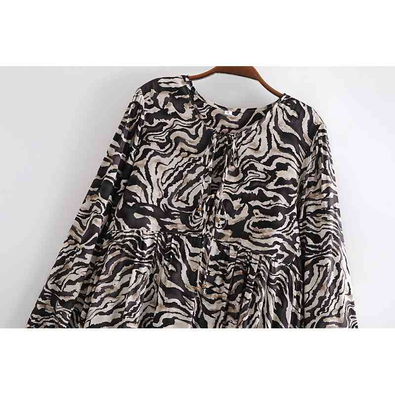 Bohemia Bandage Lacing up Collar Contrast color Zebra Print Dress BOHO Woman Long Sleeve Maxi Holiday Dresses Beach 210429