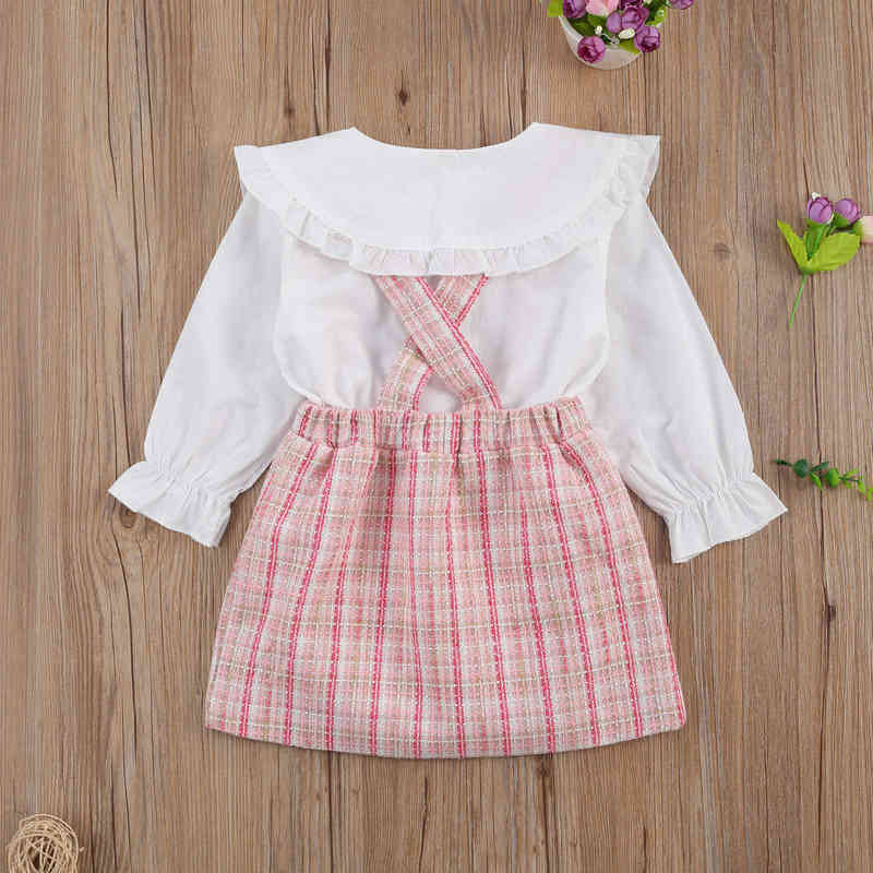 Lovely Kids Baby Girls Clothes 2pcs Suit Peter Pan Collar Long Sleeve Shirt Plaid Suspender Skirt for Autumn Spring Outfits 2-7Y Y220310