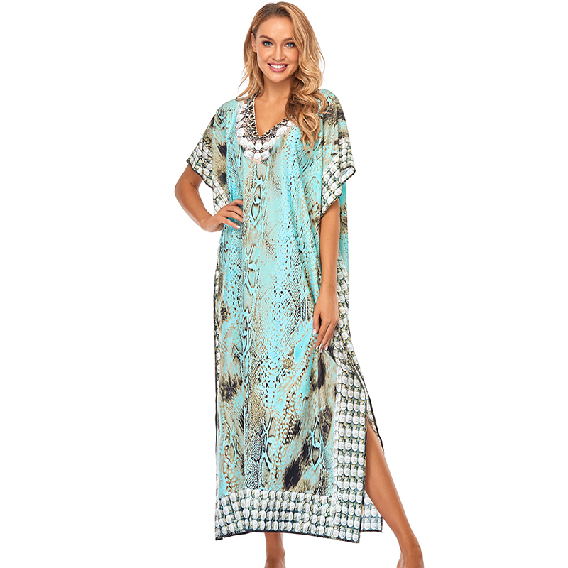 Print Beach Cover up Tunics for Long Kaftan Bikini Robe de Plage Sarong Swimsuit cover Q1211 210420
