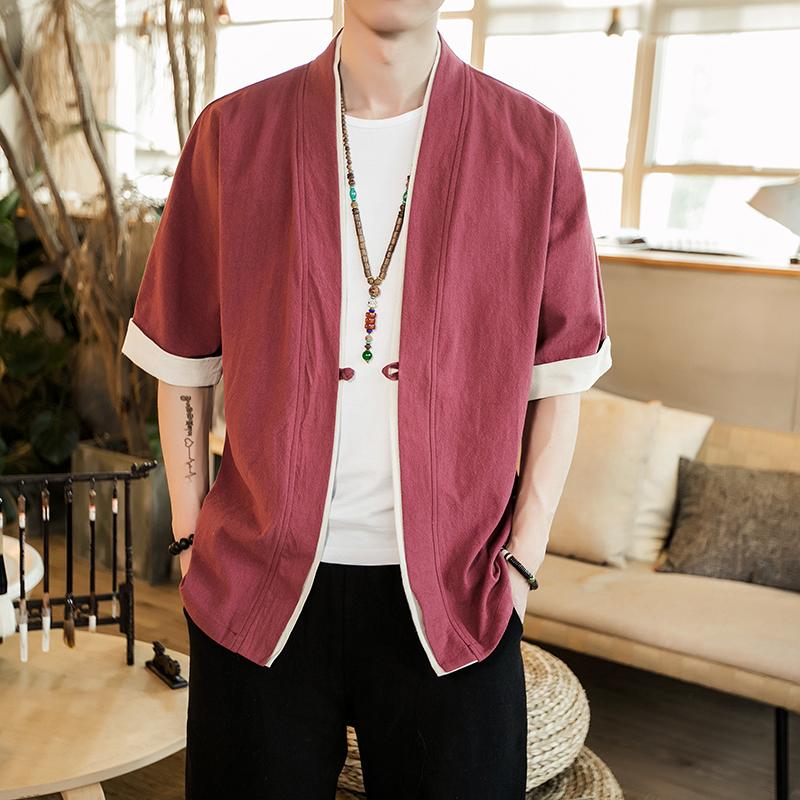 Men's Jackets Chinese Style Kungfu Jacket Summer Men Cotton Linen Loose Kimono Mens Short Sleeve Cardigan Male Solid Color Outerwear Open Co