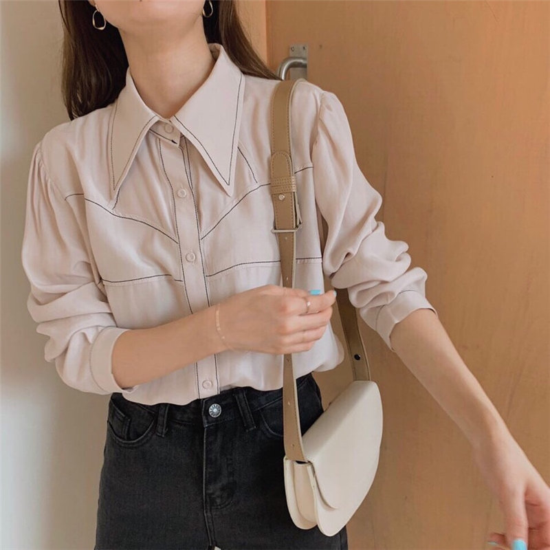 Color-Hit Girls Vintage High Street Elegance OL All-Match Casual Basic Full Sleeves Chic Loose Slim Women Shirts 210421