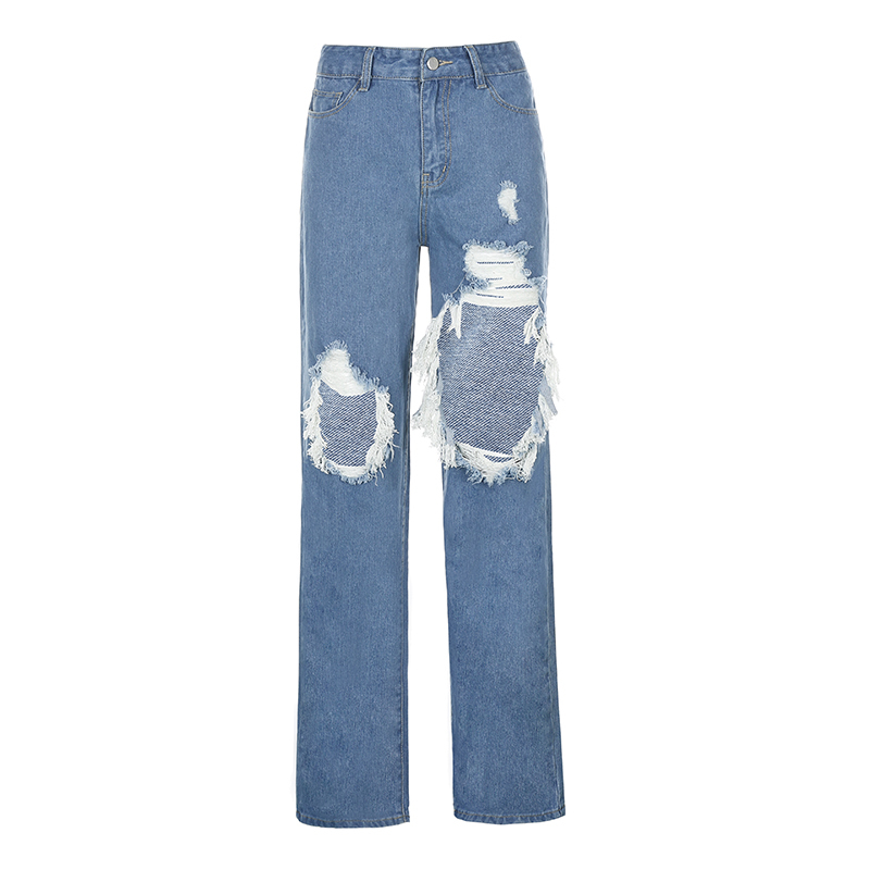 Fashion women long Jeans wide leg Ripped jeans Casual female high quality blue denim pants waist trousers 210524