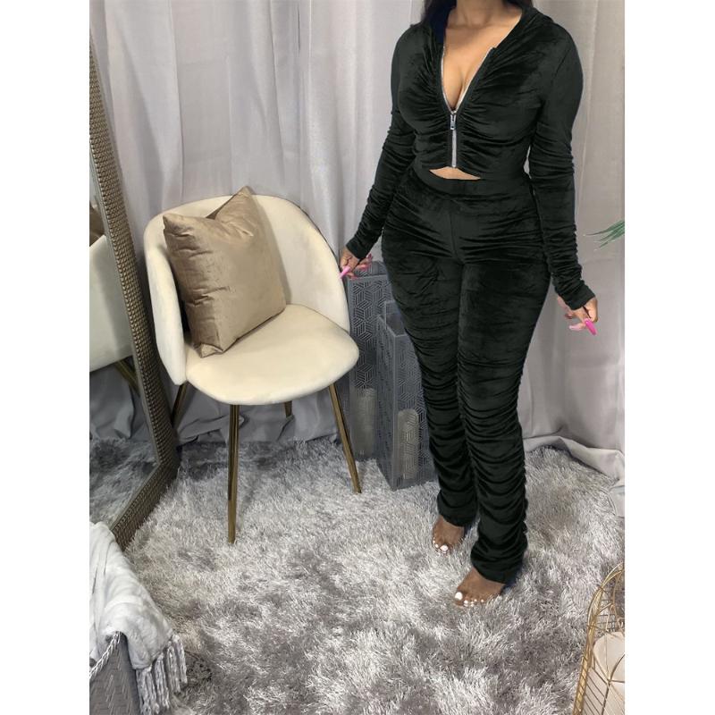 Women's Tracksuits 2021 Autumn Velvet Stacked Set Zipper Hoodies Ruched Pants Sport Tracksuit Two Piece Outfit Active Sweatsuit