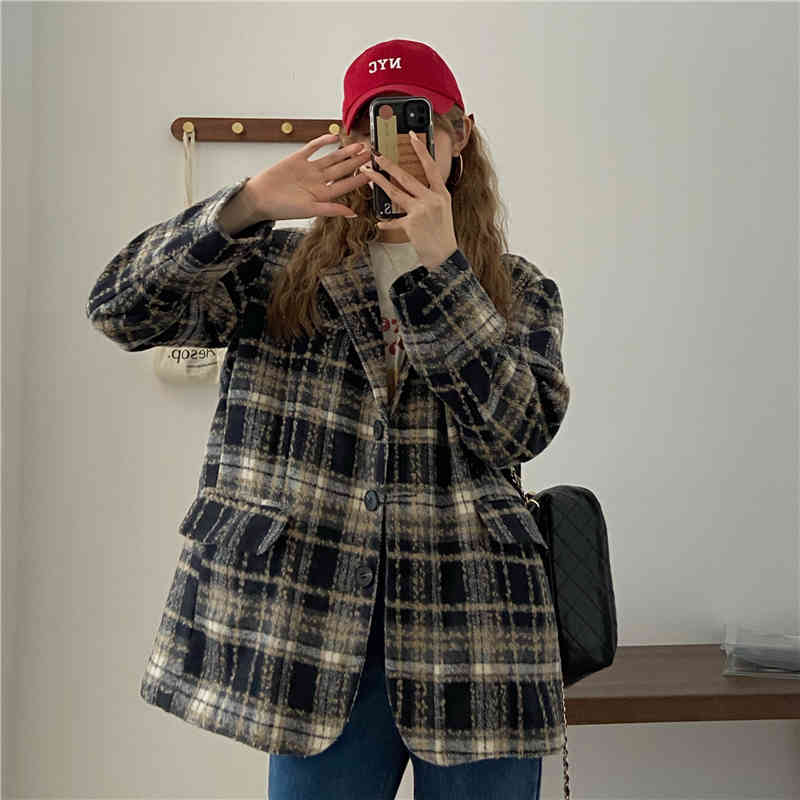 Plaid Office Lady Color-Hit Coats Stylish Women Arrival All Match OL Streetwear High Quality Jackets Blazers 210421