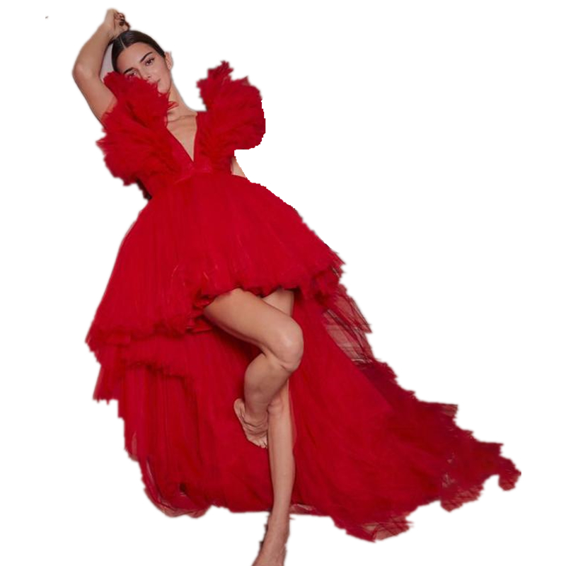 Sexy Red High Low Prom Dresses A Line Deep V Neck Puffy Sleeves Simple Tulle Celebrity Party Gowns Cocktail Dress Special Occasion Wear