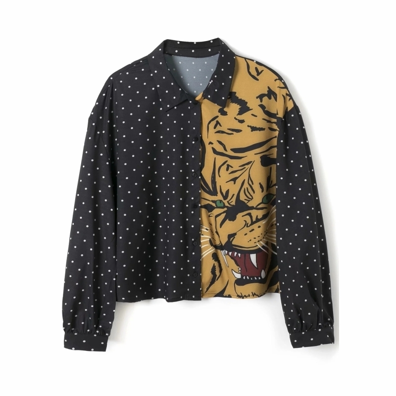 Women Dot Printing Splicing Shirts Female Nine Quarter Sleeve Blouses Casual Lady Loose Tops Blusas S8270 210430Z