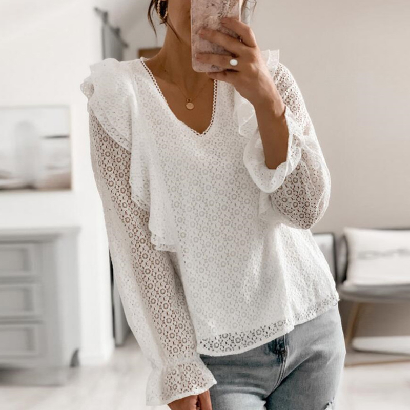 Summer Women White Black Blouse V neck Lace Shirts Long Sleeve Sexy Hollow Out Tops Casual Loose Solid Office Blouses 210515