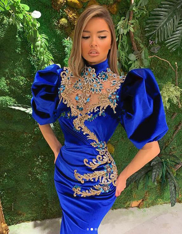 Arabic Evening Dresses Colorful Crystal Beads Appliques Velvet Mermaid Prom Gown Blue Celebrity Party Wear Robe de mariée