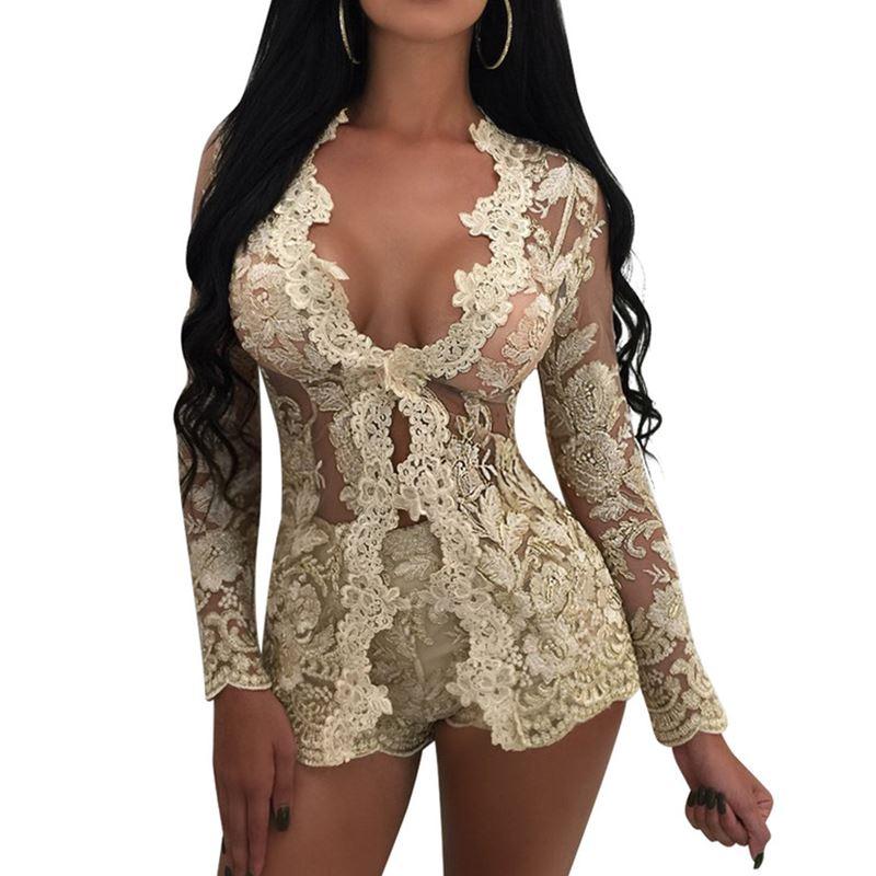 Women's Lace Set Embroidery Two Pieces Tops + Shorts Hollow Out Sexy Outfits Nightclub Wear Sets Tracksuits