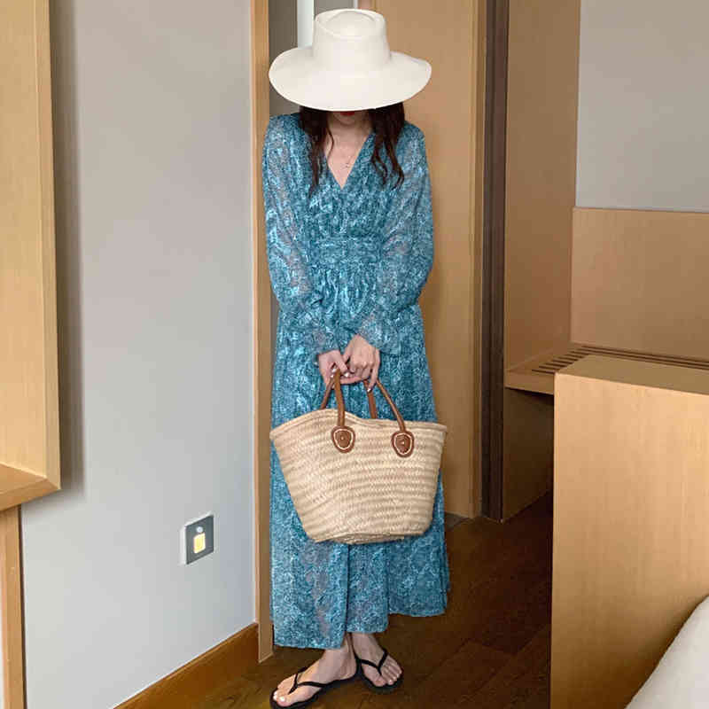 SHENGPLLAE temperament back hollow dress women's summer lace up pleated waist slim flare Sleeve Chiffon Dresses 5C705 210427